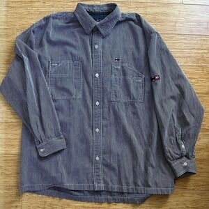 Vntg XL Bugle Boy Jean Co 80s 90s Engineer Striped Long Sleeve Button Shirt Blue